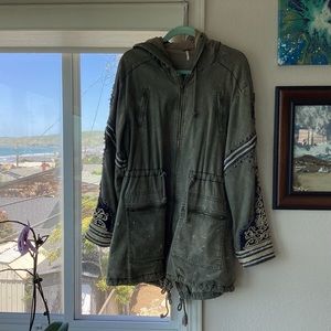 Free People Army Green Embroidered Jacket. Excellent Condition